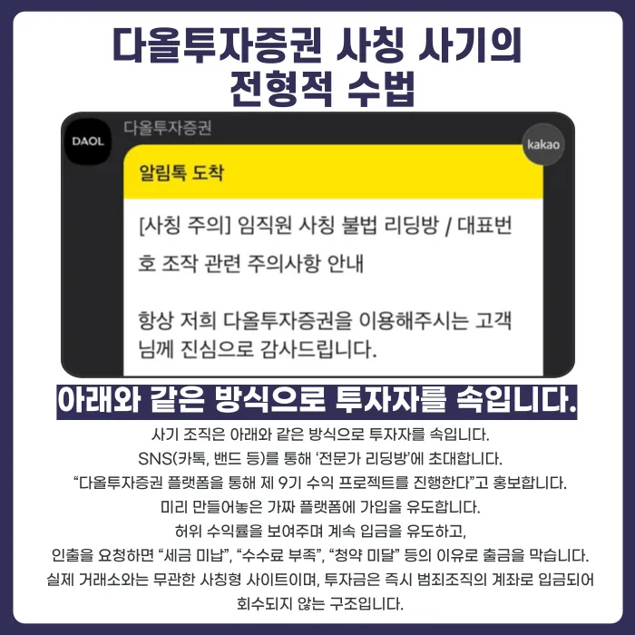 다올투자증권 사칭 '제9기 수익 프로젝트' 투자사기, 피해금 회수는 어떻게 진행하나 카드뉴스 2