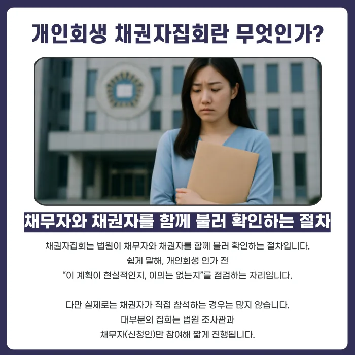 개인회생 채권자집회 준비 가이드: 출석 여부·예상 질문·제출 서류 체크리스트 카드뉴스 2
