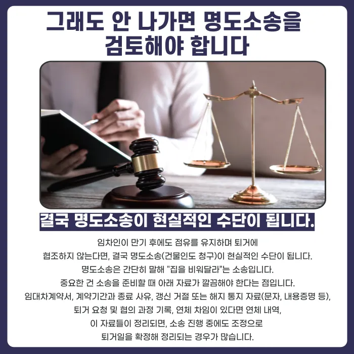 임차인이 계약 만료 후 이사를 미루면? 명도소송·손해배상 대응 순서 카드뉴스 4