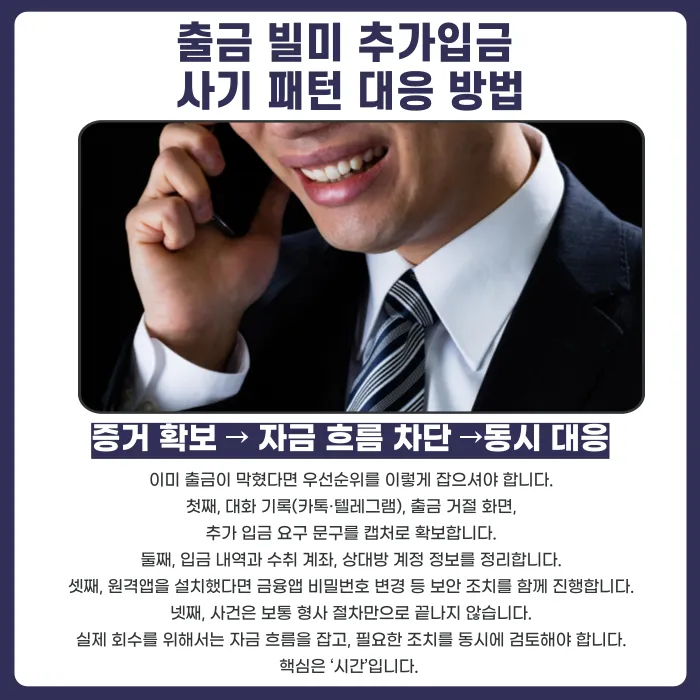 출금하려면 추가입금 요구? '출금 빌미 추가입금' 사기 패턴과 대응법 카드뉴스 5